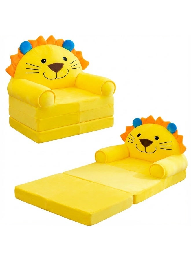 سرير أريكة أطفال قابل للطي وممتد بتصميم أسد - كرسي أطفال كرتوني 2 في 1 وسجادة قيلولة للحضانة - كرسي استرخاء ناعم ومريح من القطيفة للأطفال للمنزل والروضة - Image 1